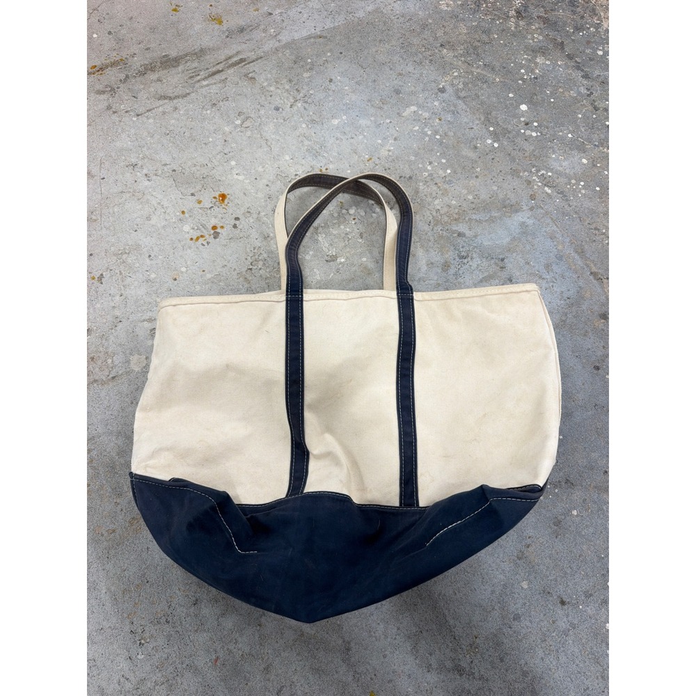LL Bean Boat and Tote Bag Extra Large Canvas Zip Top Navy Cream Vintage
